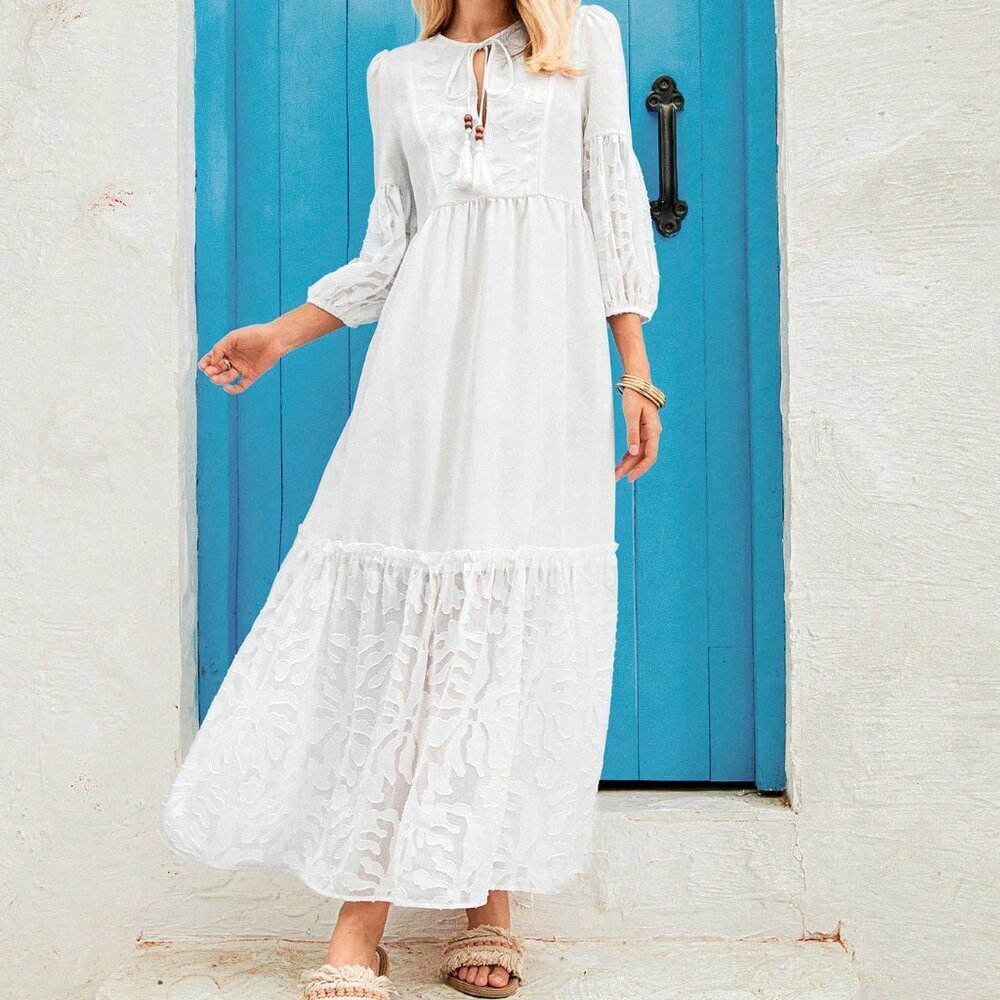 White Boho Women's Loose Tie Neck Ruffled Hem Long Sleeve Dress - Picture 2 of 7